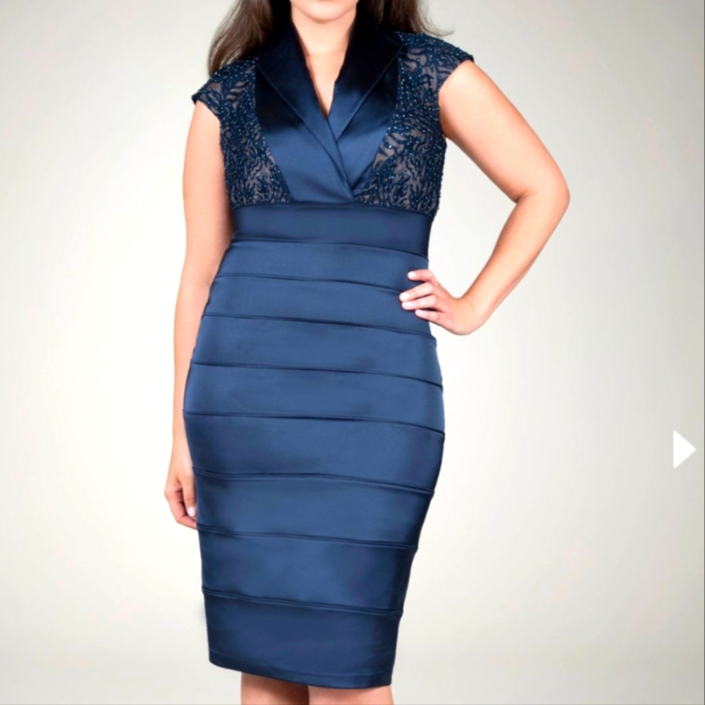 Tadashi Shoji Beaded Satin Cocktail Dress in Navy Size 6